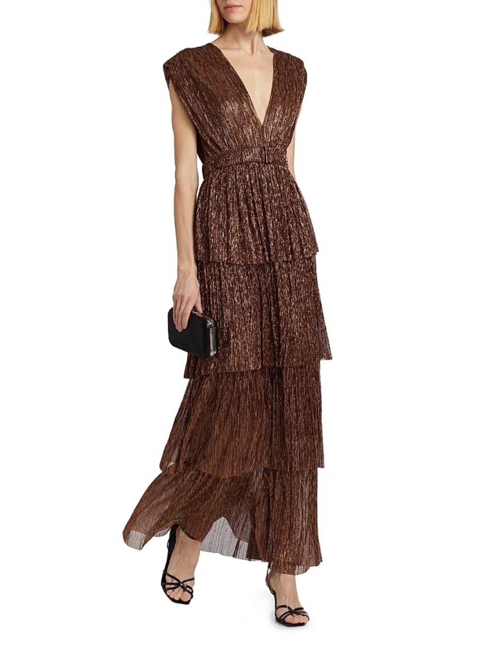 Sabina Musáyev Skylar Tiered Belted Metallic Gown - Bronze - Size